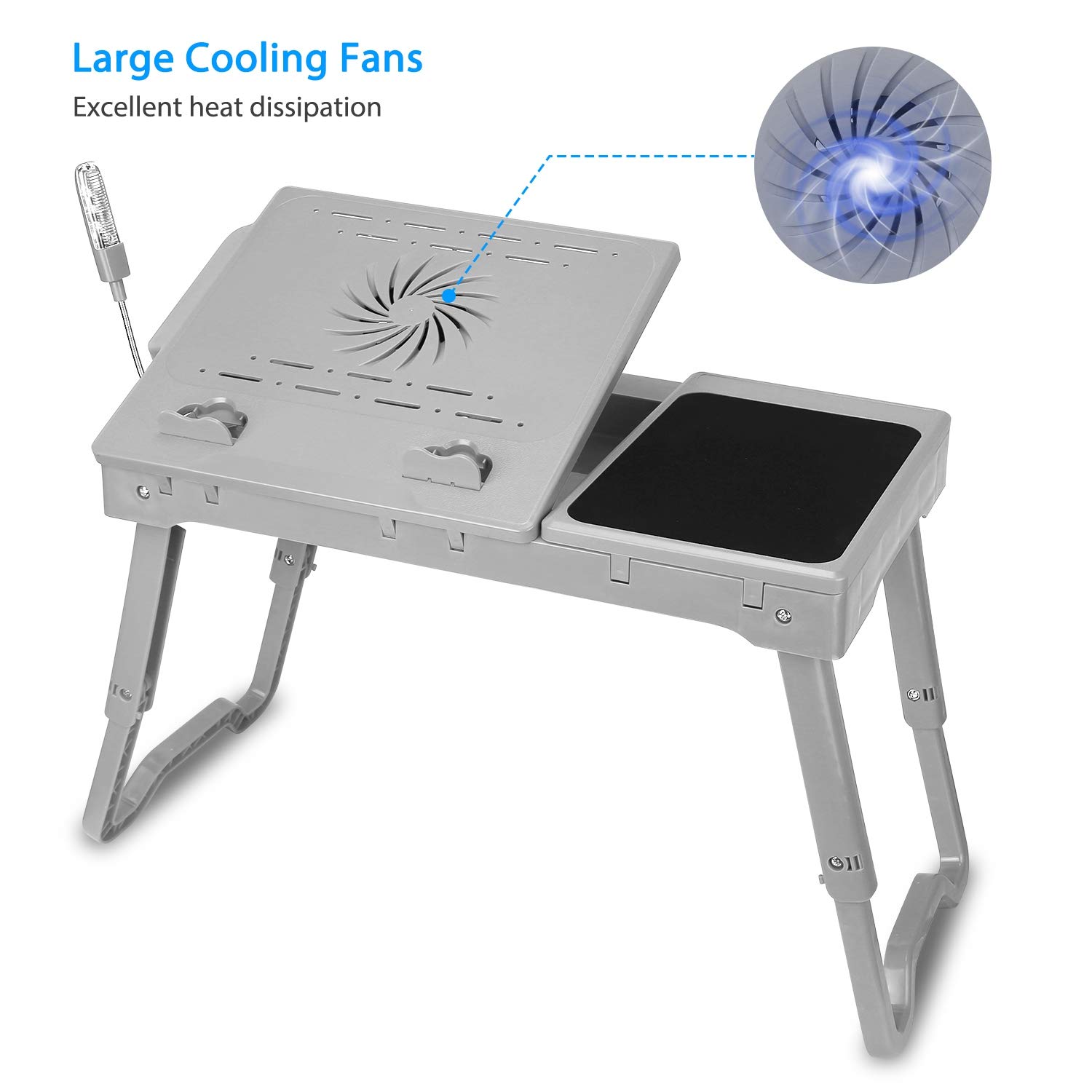 Adjustable Laptop Table for Bed with Cooling Fan, 4 USB Ports & LED Light - Foldable Portable Lap Desk for Sofa, Couch or Bed - Includes Storage Drawer & Mouse Pad (Grey) - Perfect for Home Office, Gaming & Streaming in Bed