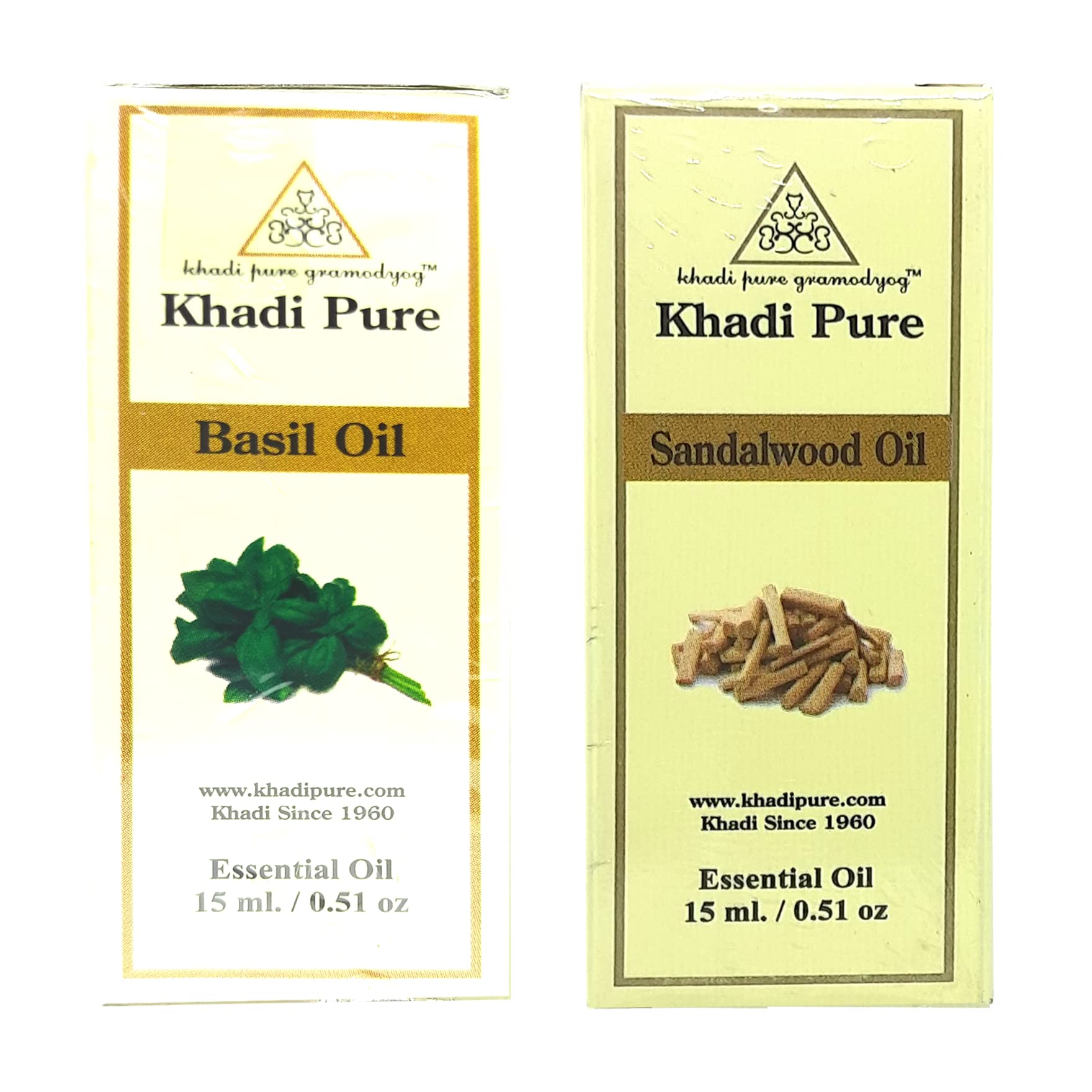 Khadi Pure Basil & Sandalwood Essential Oil 15ml (Pack of 2) - 100% Natural Aromatherapy Oil for Relaxation, Stress Relief & Skin Care | Perfect for Diffusers, Massage & DIY Beauty Products