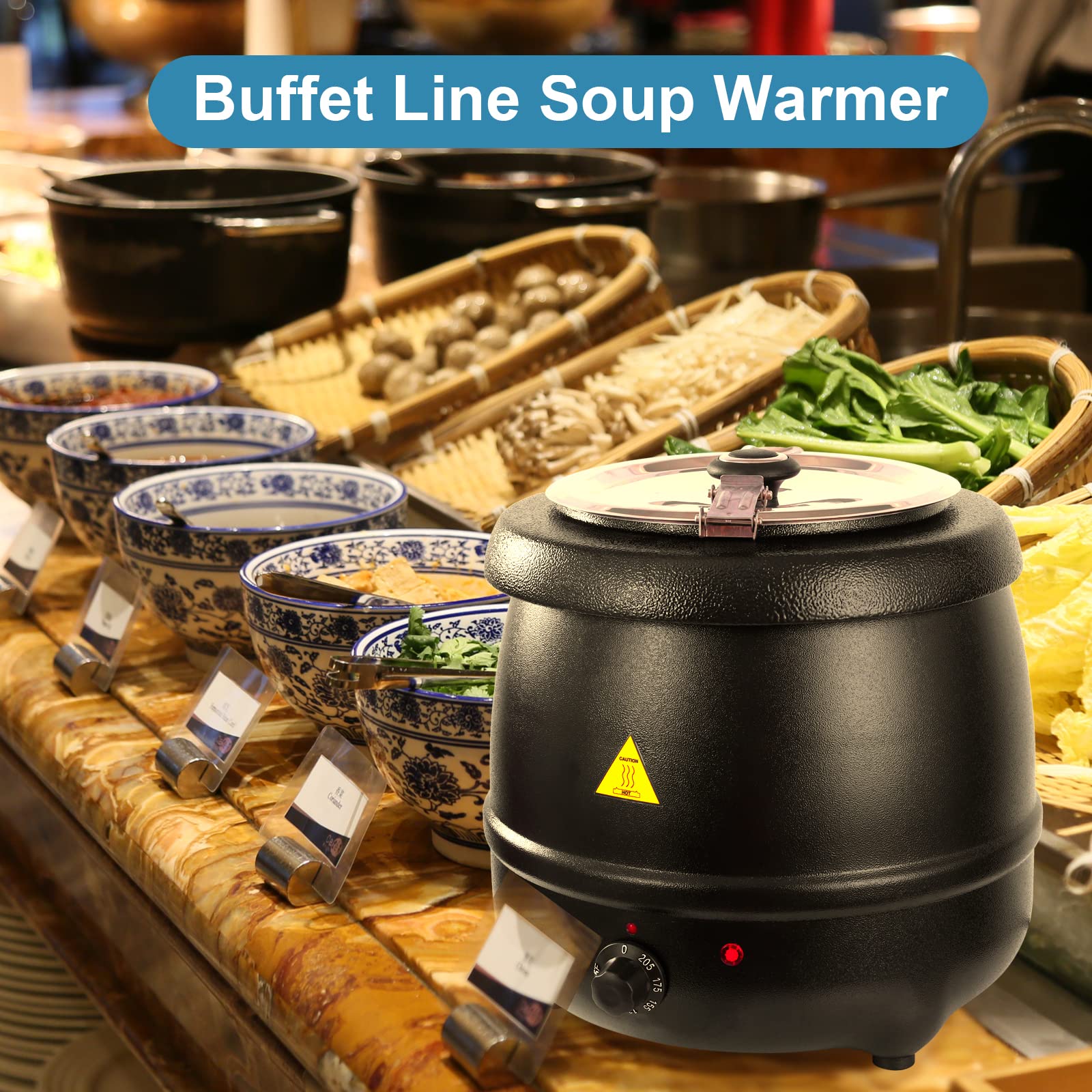 YBSVO 11 Quart Round Black Countertop Food Warmer & Soup Kettle with 120V 400W Heating - Perfect for Restaurants, Buffets, Catering & Home Kitchen Use
