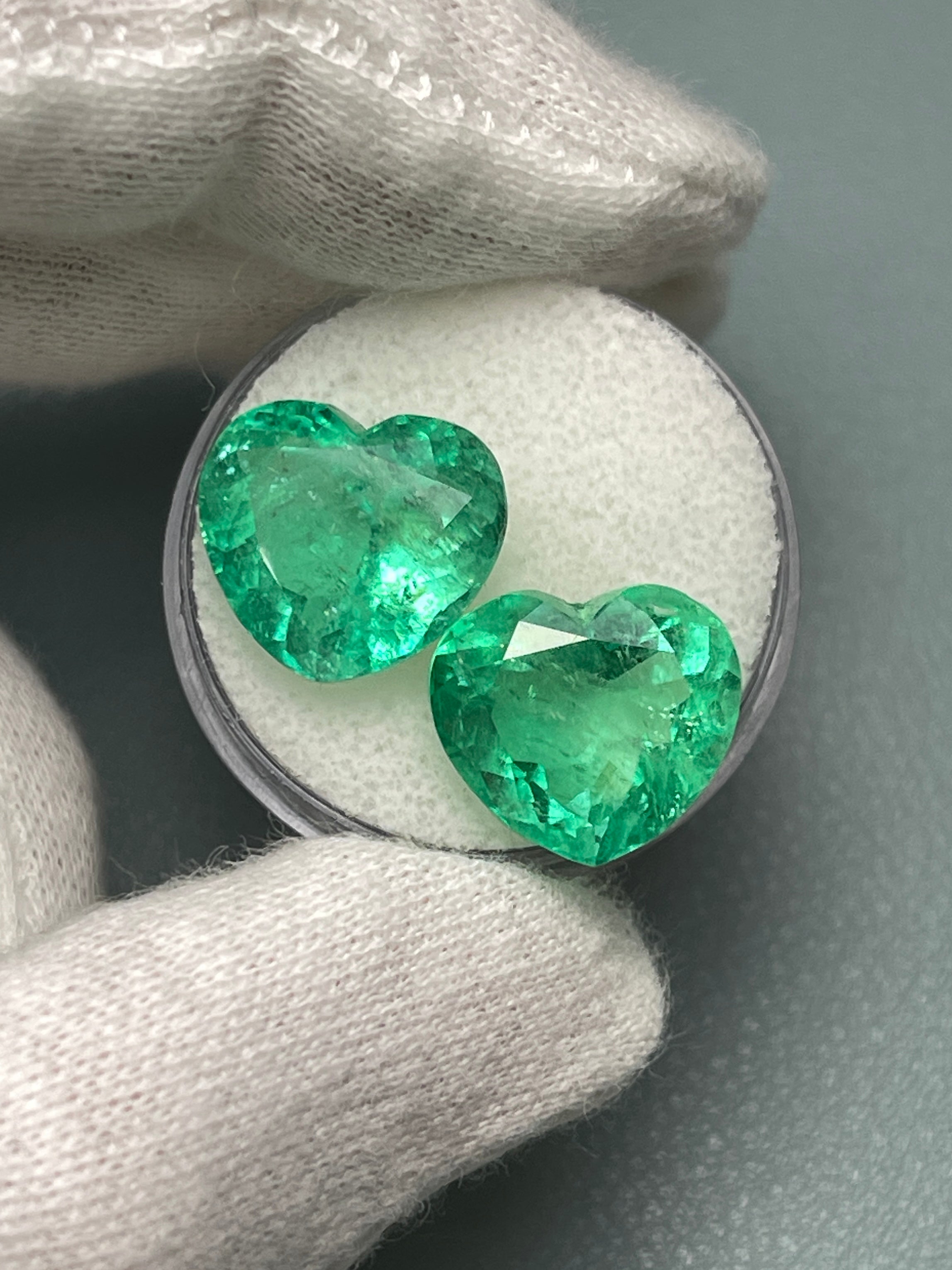 16.68tcw 12.6x14.1mm Rare Matching Bubbly Emerald Hearts - Natural Colombian Yellowish Green Emeralds for Jewelry Making & Engagement Rings