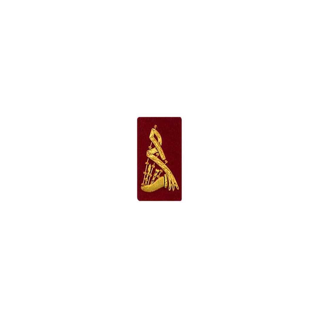 Premium Gold Bullion Bagpipe Badge on Red Velvet - Perfect for Scottish Heritage Events, Pipe Band Uniforms & Celtic Decor