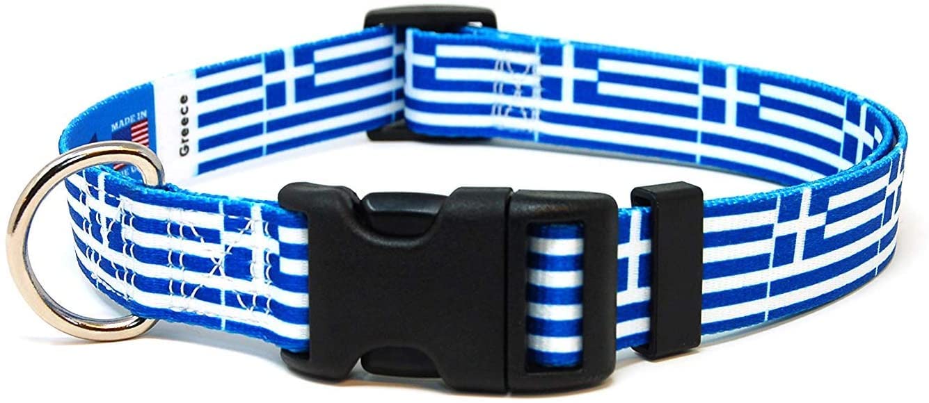 Greek Flag Dog Collar for Small Dogs - Quick Release Buckle & Adjustable - Made in USA - Perfect for Travel, Walks & Patriotic Pet Fashion