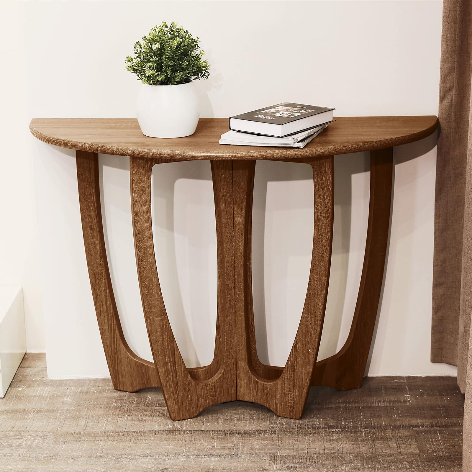 FINECASA 43.4x17.30 Inches Wooden Half-Moon Console Table - Semicircle Narrow Entryway Sofa Table for Living Room, Hallway & Foyer - Chestnut Brown Modern Home Decor (Perfect for Small Spaces & Apartment Entrances)