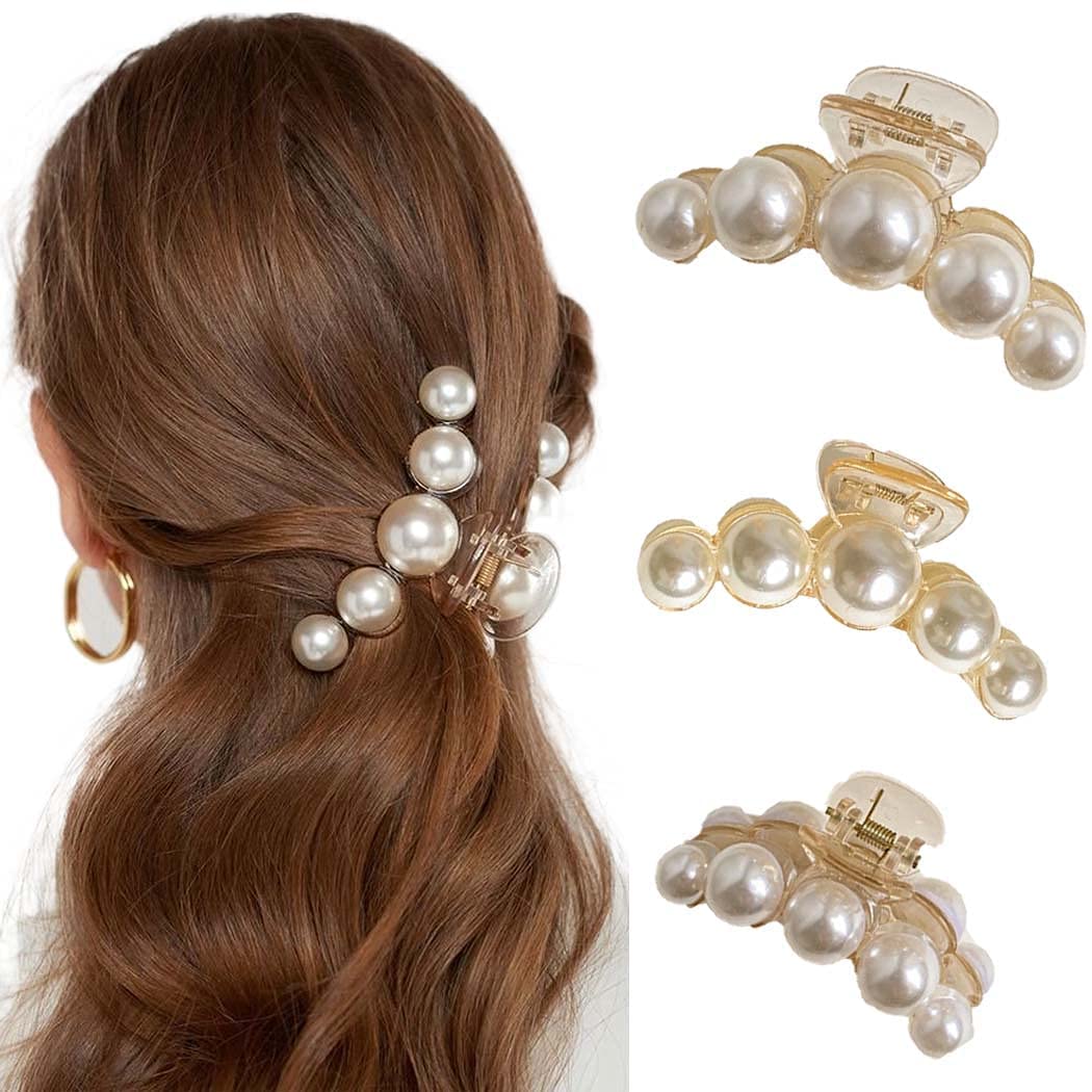 BAKEFY Large Pearl Hair Claw Clip - Non-Slip Acrylic Hair Barrettes for Women & Girls - Strong Hold Jaw Clamp for Thick Hair - Elegant Hair Accessories for Parties, Weddings & Everyday Styling