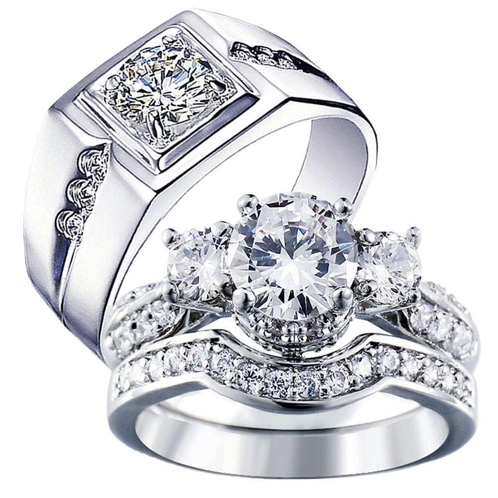 His and Hers Wedding Ring Set - Round Clear Cubic Zirconia Bridal Rings for Women & Men's Wide Band in 925 Sterling Silver | Perfect for Anniversaries, Engagements, and Romantic Gift Giving