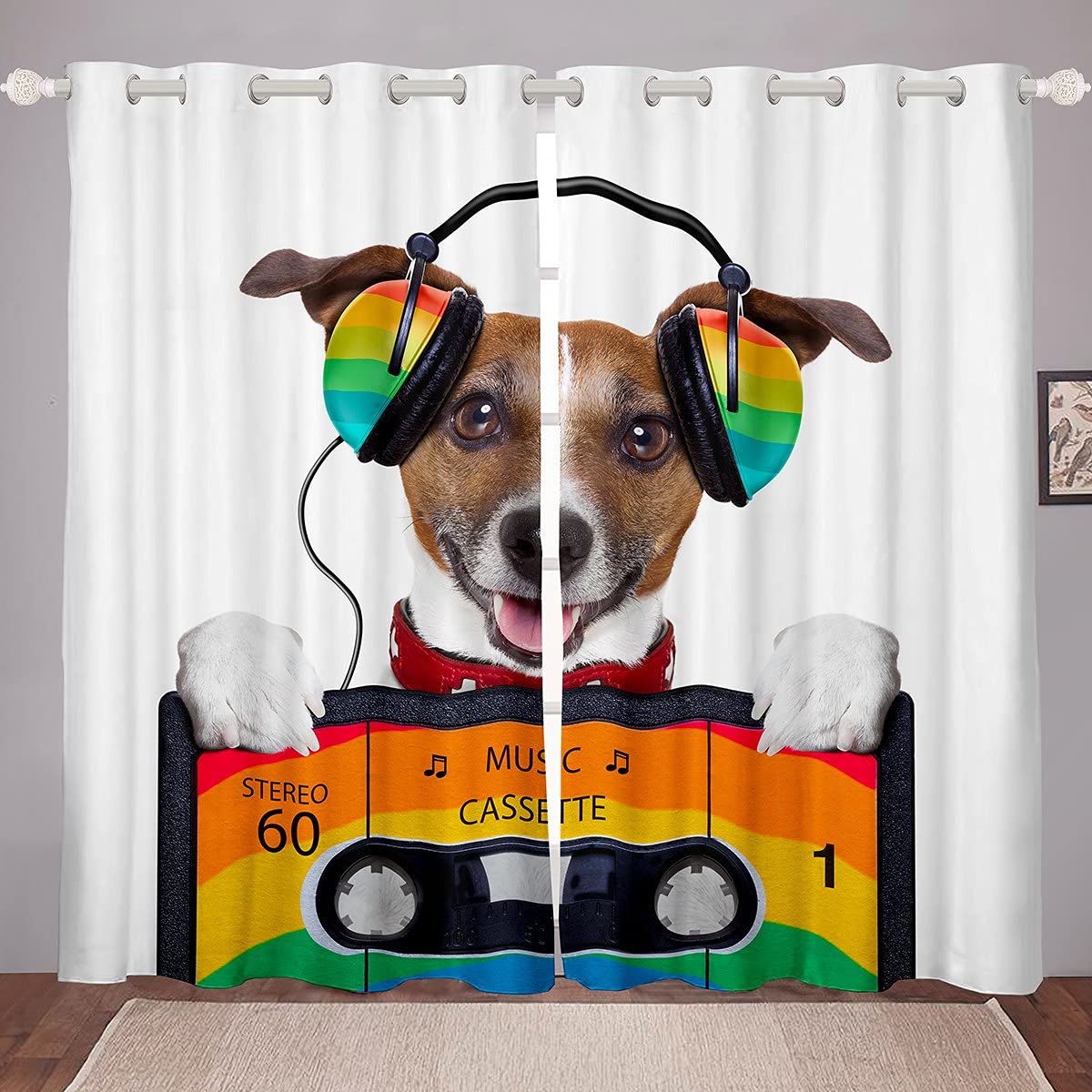 Erosebridal Cute Puppy with Headset Window Curtains - 2 Panel Set for Kids, Boys, Girls & Teens - Hip Hop Hippie Style Dog Themed Drapes (52x90 Inches, White) - Perfect for Bedroom, Nursery, Playroom & Music Lover's Room Decor