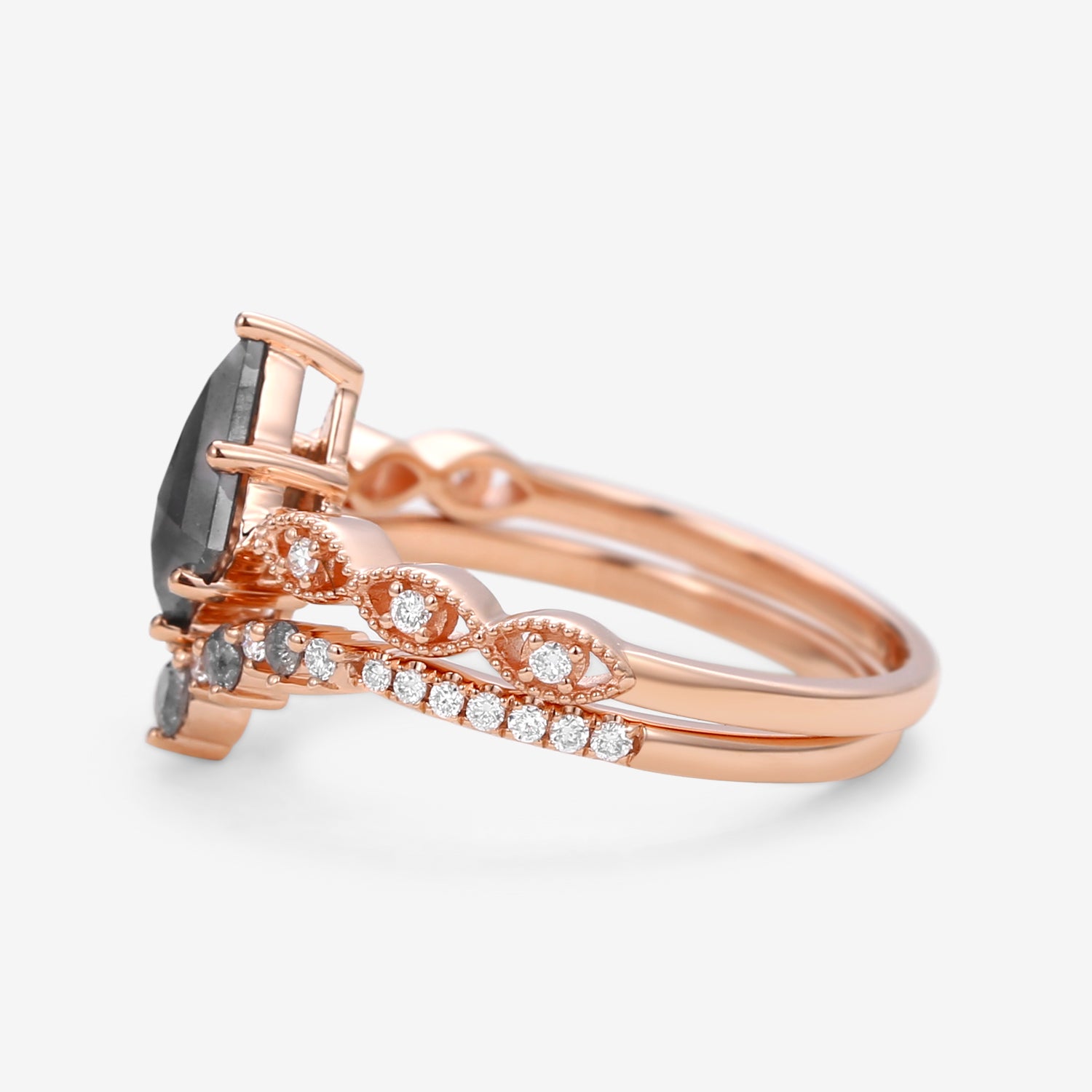 Winona 2-Piece Kite & Round Salt and Pepper Diamond Engagement Ring Set - Unique Vintage Style Wedding Jewelry for Her - Perfect for Proposals, Anniversaries, and Special Occasions