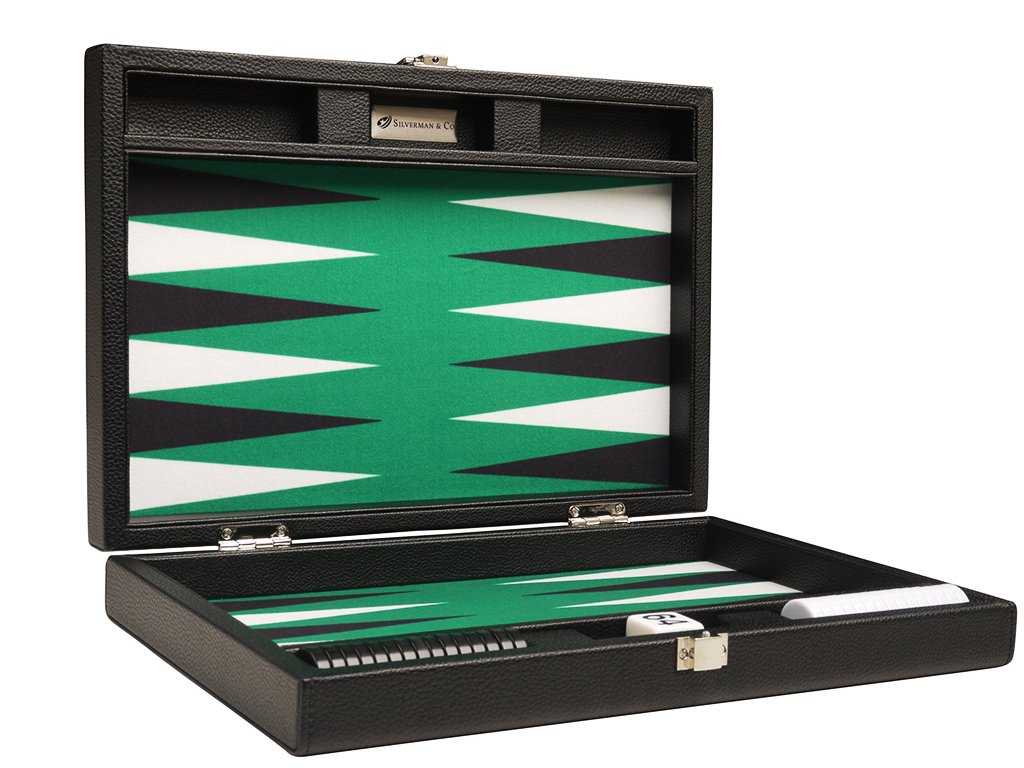 13-Inch Premium Backgammon Set - Compact Travel Size with Black Board & Green Playing Surface - Classic Black and White Points - Perfect for Travel, Parties & Family Game Nights