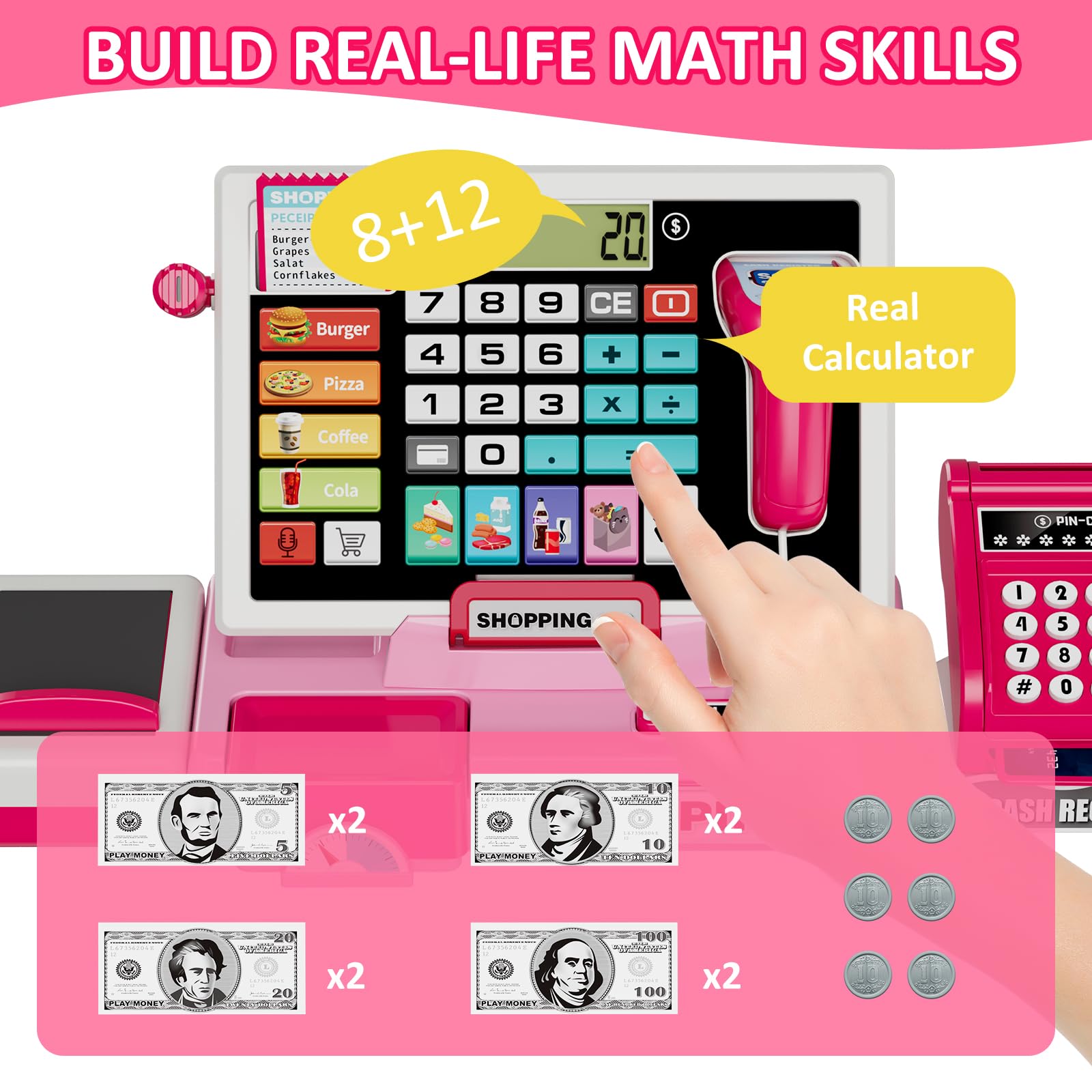 Kids Pretend Play Cash Register Toy with Realistic Calculator, Scanner, Credit Cards & Play Money - Educational Role Play Toy for Toddlers & Preschoolers - Perfect for Birthday Gifts & Classroom Learning (Pink)
