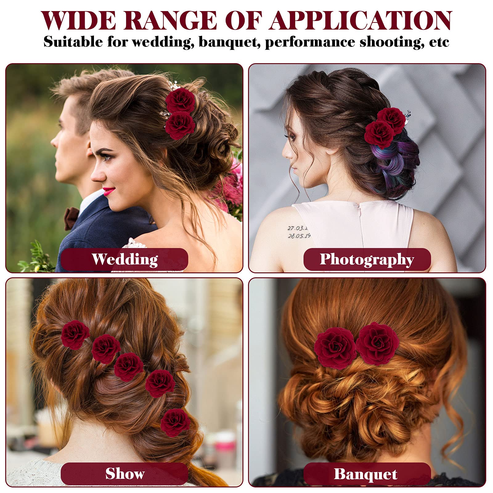 Lurrose 6pcs Red Rose U-Shaped Hair Pins - Bridal Hair Sticks for Wedding, Bridesmaid Hair Accessories, Updo Hair Clips - Perfect for Weddings, Prom, Parties & Special Occasions