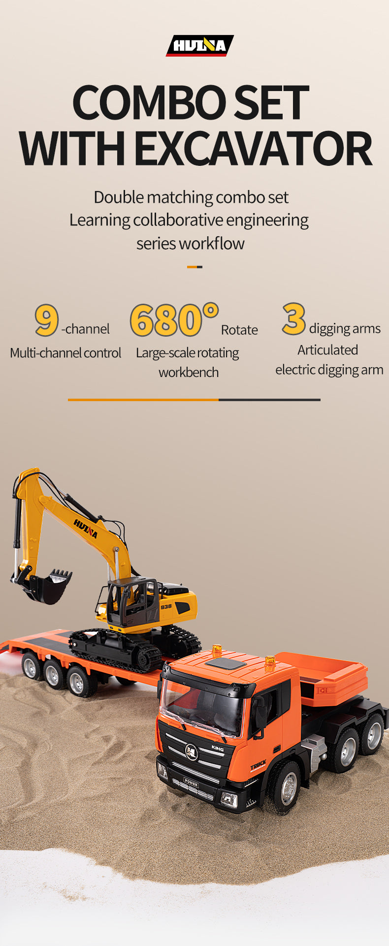 1:18 Huina 2.4G 1319 RC Tractor Truck with Remote Control - RTR Excavator & Flatbed Trailer - Ready to Play - Perfect for Construction Play, Kids Gifts & RC Hobbyists