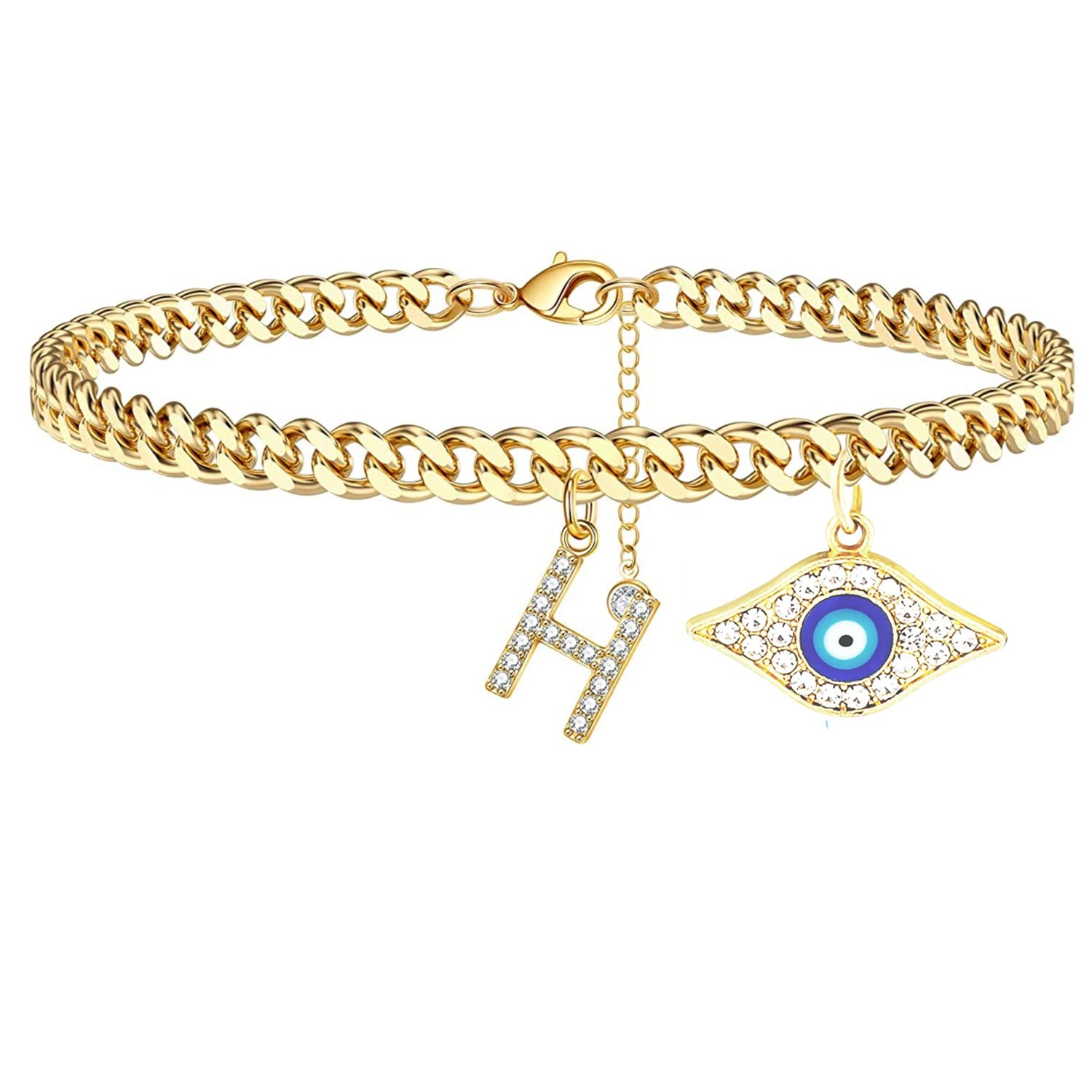 18K Gold Plated Dainty Cuban Link CZ Initial Anklet for Women - Evil Eye Protection & Personalized Letter Charm - Summer Beach Jewelry Gift for Women & Teen Girls - Perfect for Vacation, Weddings & Everyday Wear