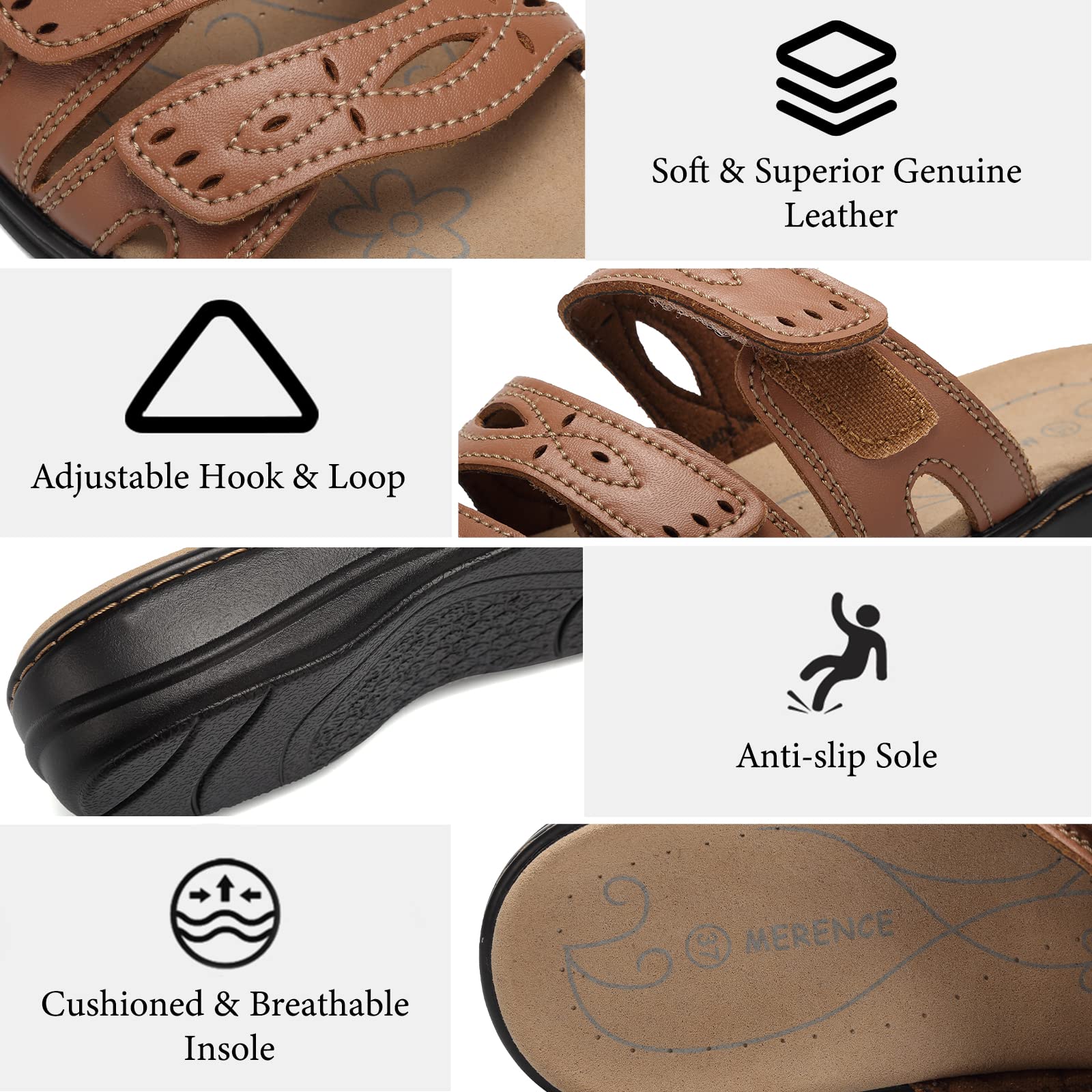 **Women's Classic Leather Sandals with Arch Support – Adjustable Hook & Loop Straps, Slip-On Casual Shoes for Outdoor Walking, Travel & Summer Comfort**