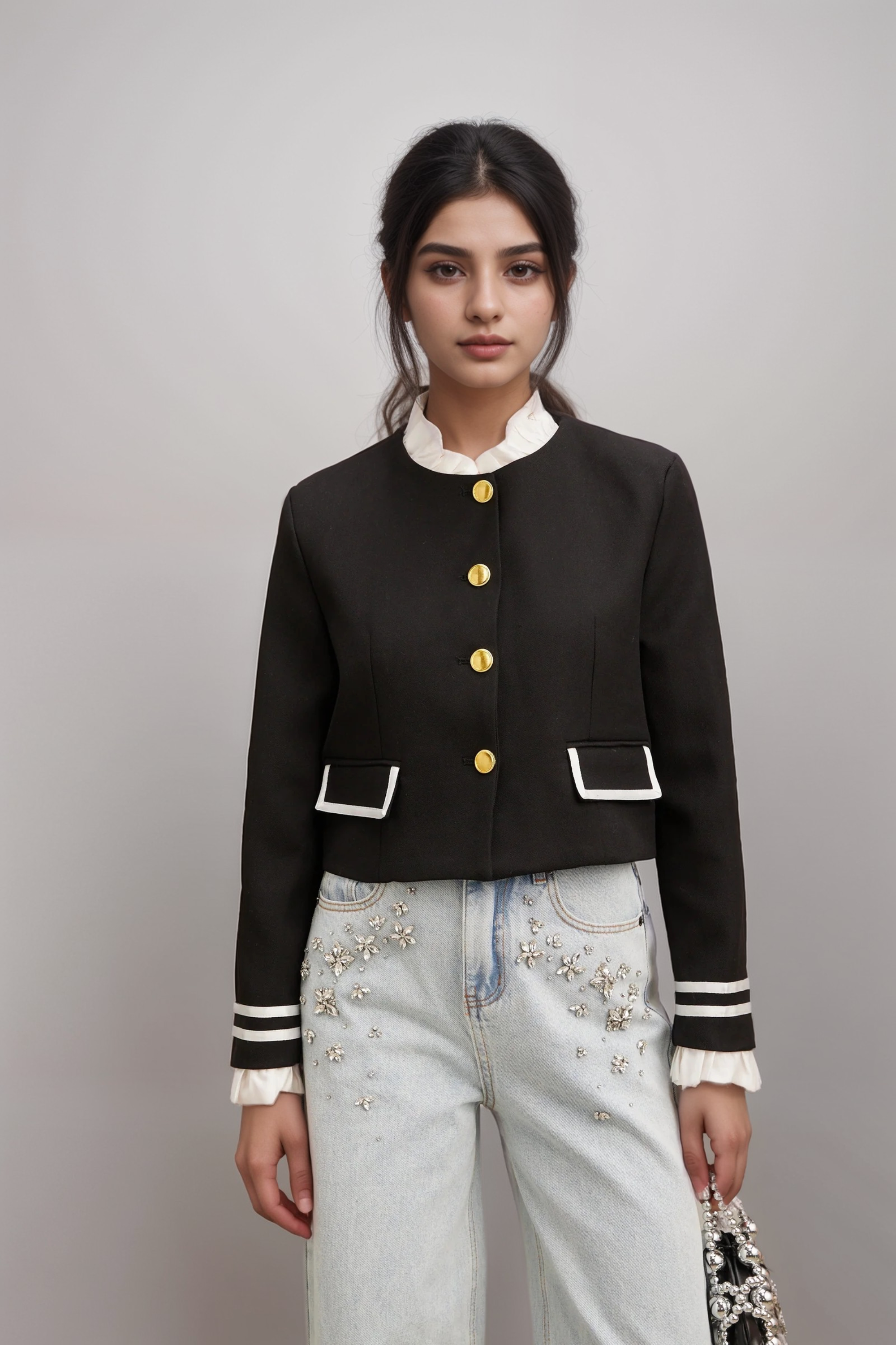 Elegant Black Ruffled Trim Jacket for Women | Stylish Outerwear for Parties & Evening Events