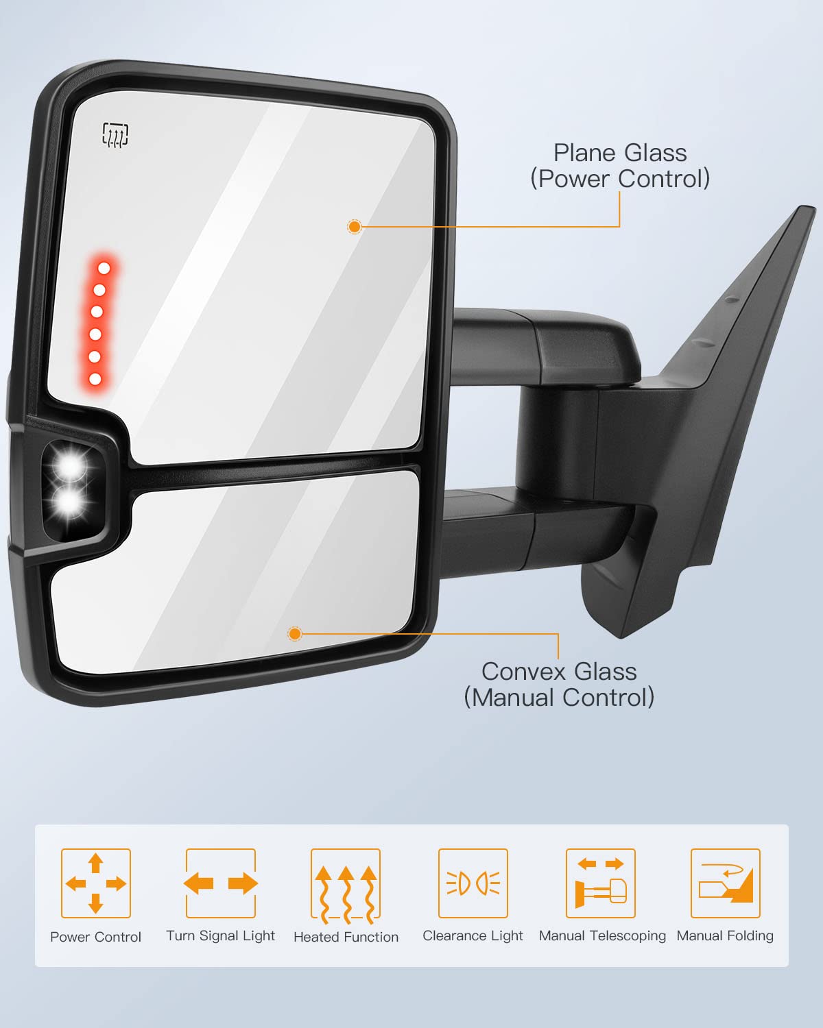 Heated Power Towing Mirrors for 2008-2013 Chevy Silverado & GMC Sierra - LED Turn Signal, Running Lights, Black Pair (Left & Right) - Perfect for Towing Trailers, Boats & RVs in All Weather Conditions