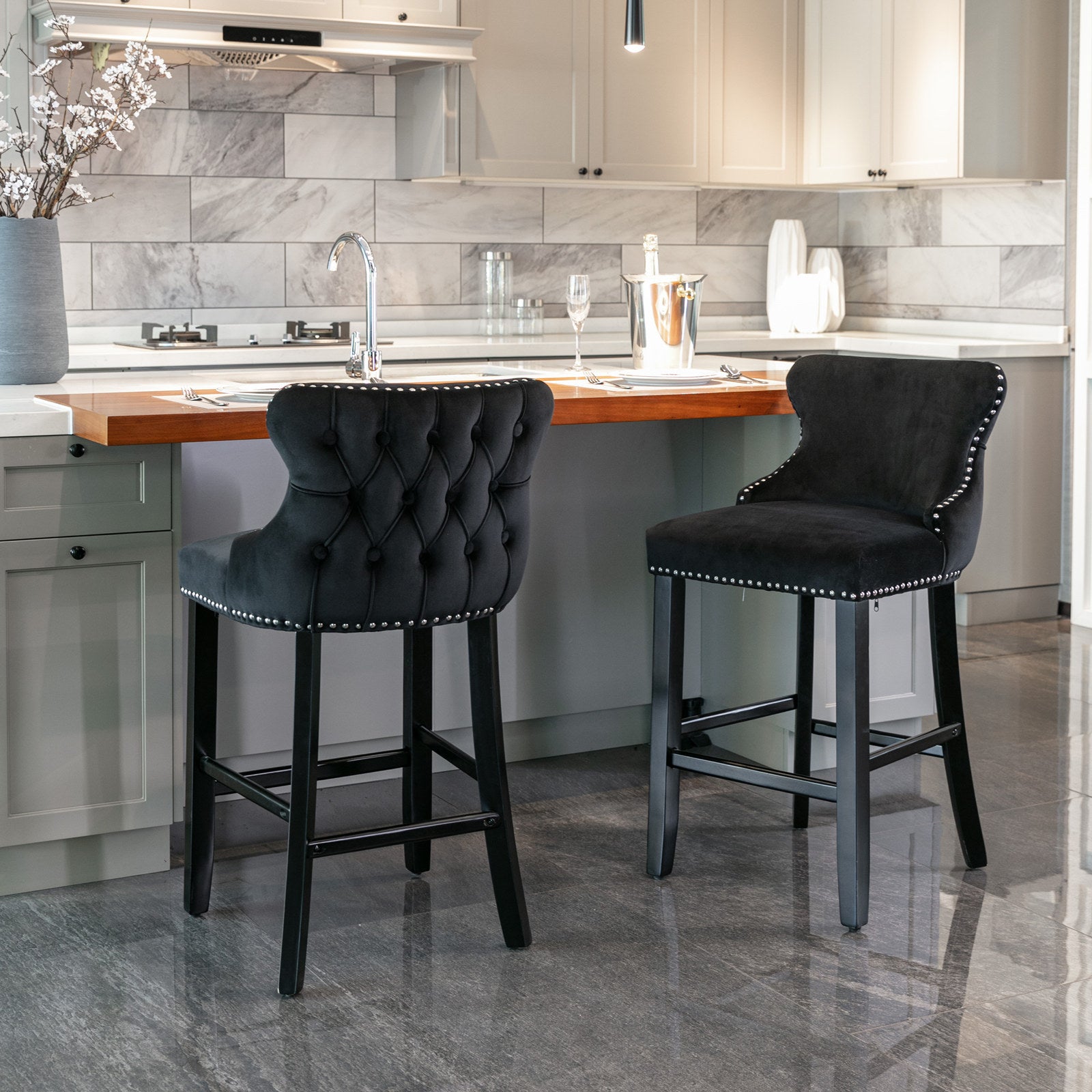 Modern Velvet Upholstered Wingback Bar Stools with Button Tufting & Wooden Legs - Set of 4 Black Bar Chairs with Chrome Nailhead Trim for Kitchen Island, Home Bar & Dining Room Decor - SW1824BK