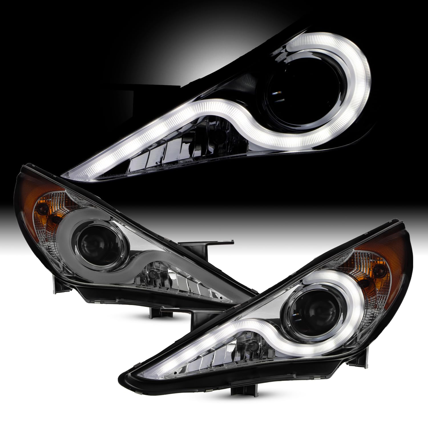 AKKON Smoked LED DRL Strip V2 Projector Headlights - Compatible with Hyundai Sonata (Left + Right Pair) | Daylight Running Lights Upgrade for Enhanced Visibility & Style