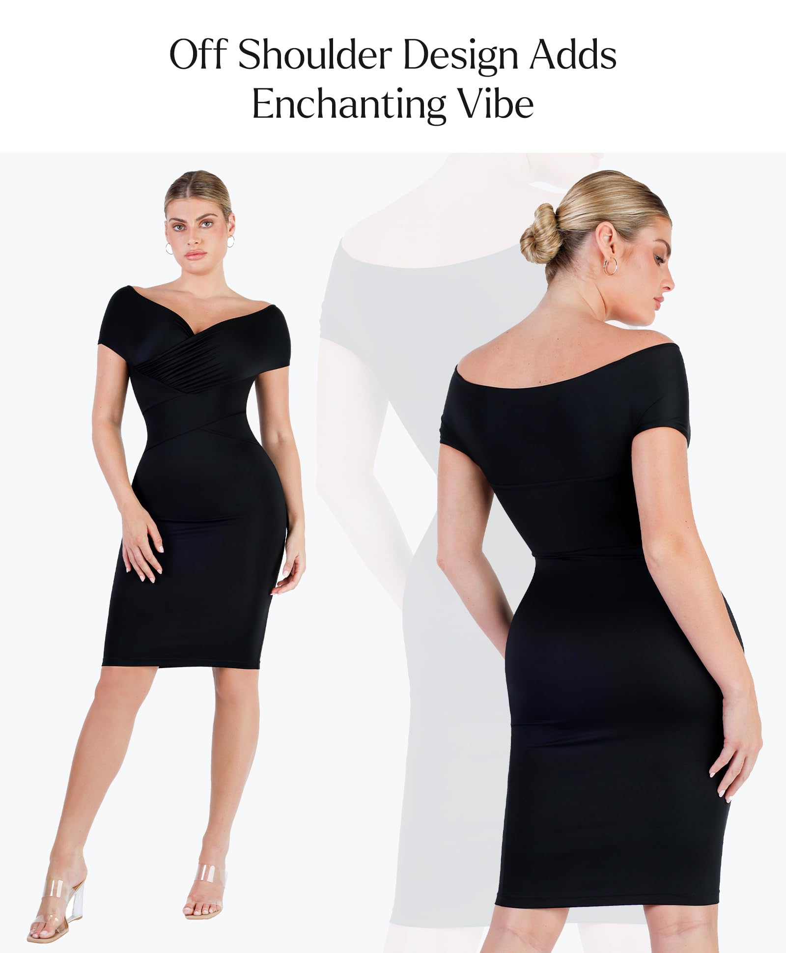 Popilush Women's Off Shoulder Cocktail Dress with Tummy Control Shapewear - Wrap V-Neck Midi Dress for Wedding Guest, Party & Formal Occasions