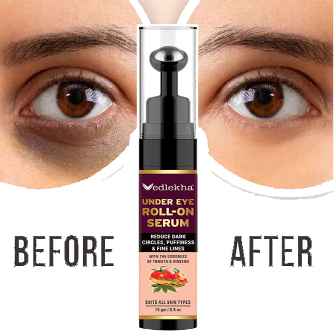 Vedlekha Under Eye Serum Roll On with Vitamin E, Ginseng & Retinol - Dark Circle Treatment for Men & Women - Cooling Massage Roller Reduces Puffiness & Fine Lines - 15gm - Perfect for Morning & Night Skincare Routine