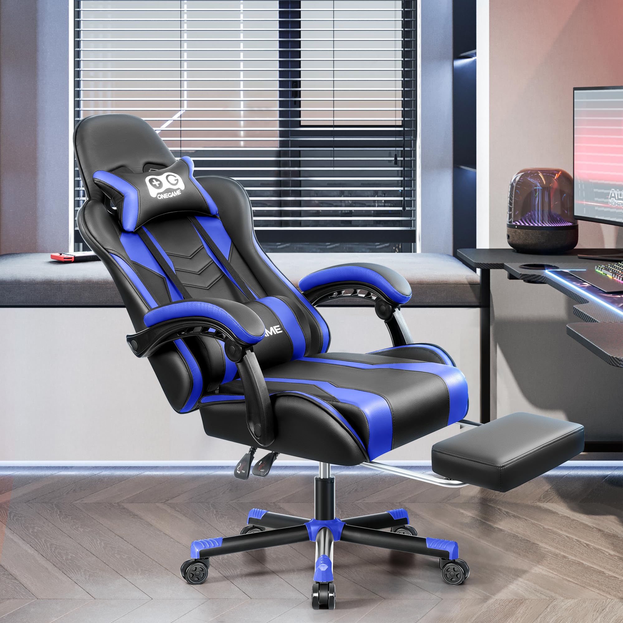 OneGame Ergonomic Gaming Chair with Footrest - High Back PU Leather Racing Style Computer Chair for Home Office - Adjustable Height Video Game Chair (Black/Blue) - Perfect for Esports, Streaming & Long Gaming Sessions