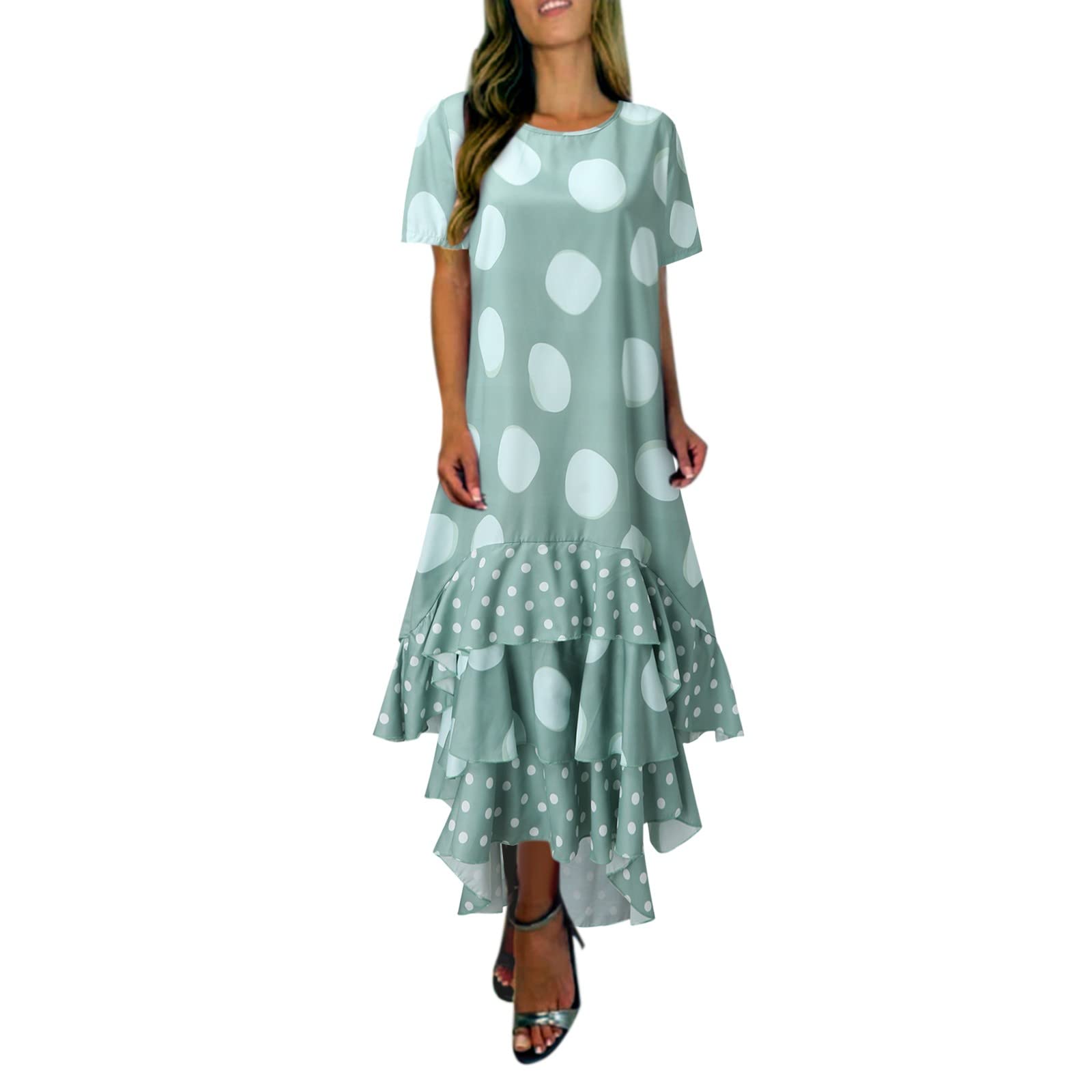 Women's Short Sleeve Polka Dot Maxi Dress - Round Neck Casual Summer Dress for Ladies | Perfect for Beach Vacations, Date Nights & Spring Outings