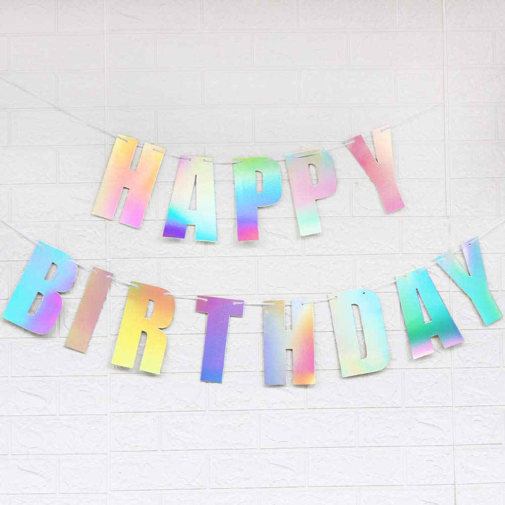 Pre-Strung Holographic Happy Birthday Banner - Iridescent White Party Decor - No DIY Hanging Bunting Garland for Birthday Parties, Baby Showers & Celebrations