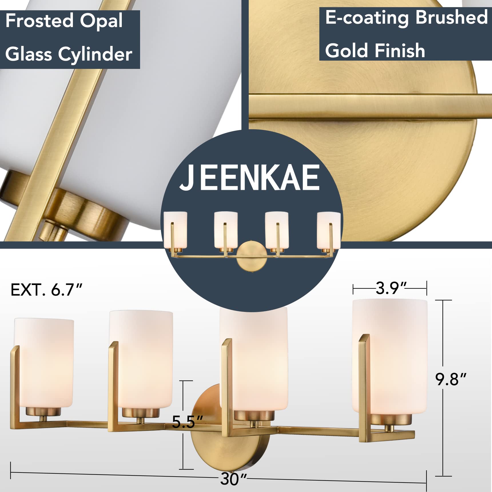 Farmhouse Gold Vanity Light - 4-Light Bathroom Mirror Lighting Fixture with Opal Glass Cylinders for Modern & Rustic Decor | Perfect for Bathroom, Powder Room & Dressing Area