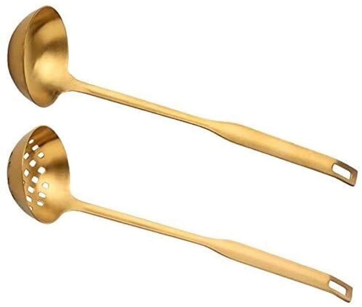 Premium 2-Piece Kitchen Cookware Set - Gold Metal Soup Ladle & Silicone Spatula with Stainless Steel Long Handle - Durable Colander & Serving Spoon Set for Cooking, Baking & Serving - Perfect for Home Chefs & Professional Kitchens