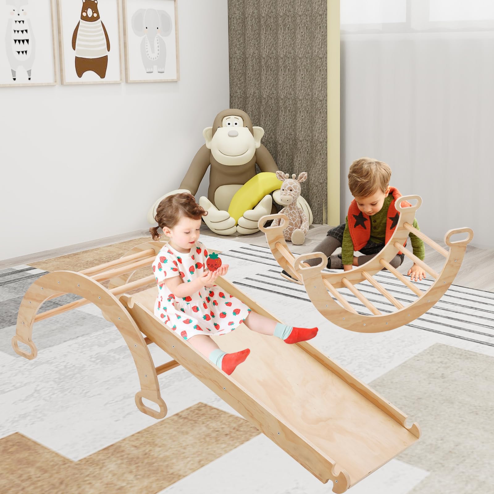 **Pikler Triangle Set for Toddlers - 7-in-1 Foldable Wooden Climbing Gym with Arch, Ramp & Ladder - Montessori Climbing Toys for Kids 3+ Years - Indoor & Outdoor Playground for Active Toddlers**
