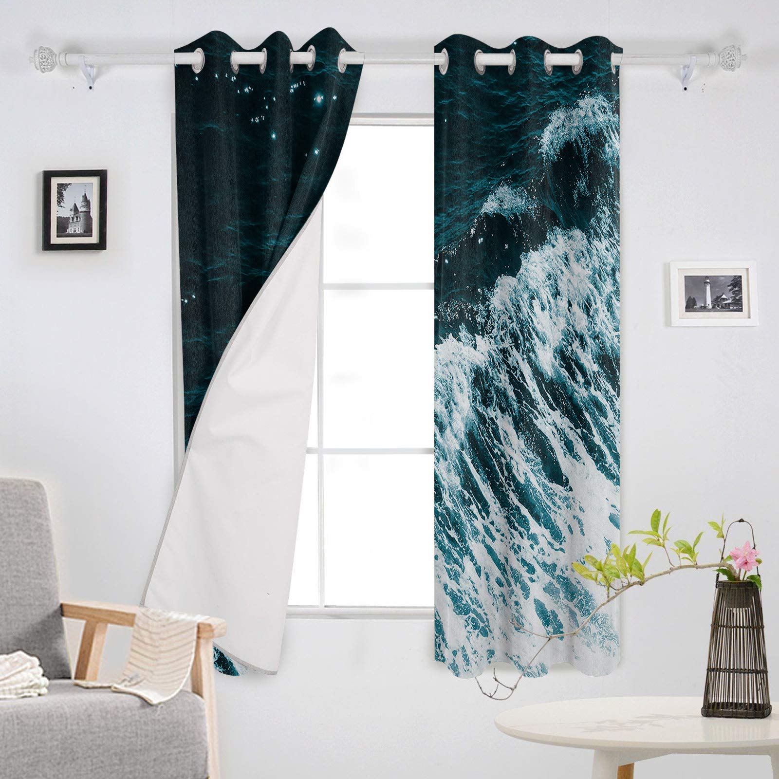 Thermal Insulated Room Darkening Curtains Set of 2 - Ocean Wave Blue Print Blackout Drapes 52x96 Inch for Bedroom & Bathroom | Energy Saving Window Treatment for Summer & Winter