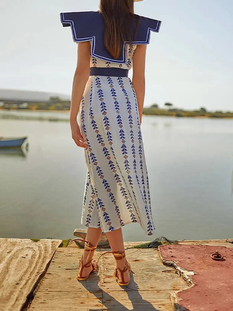 Elegant Women's Loose Midi Dress with Lapel, Flying Sleeves & Tassel Belt - Floral Print O-Neck Party Dress for Spring & Summer Occasions | Perfect for Weddings, Garden Parties & Date Nights