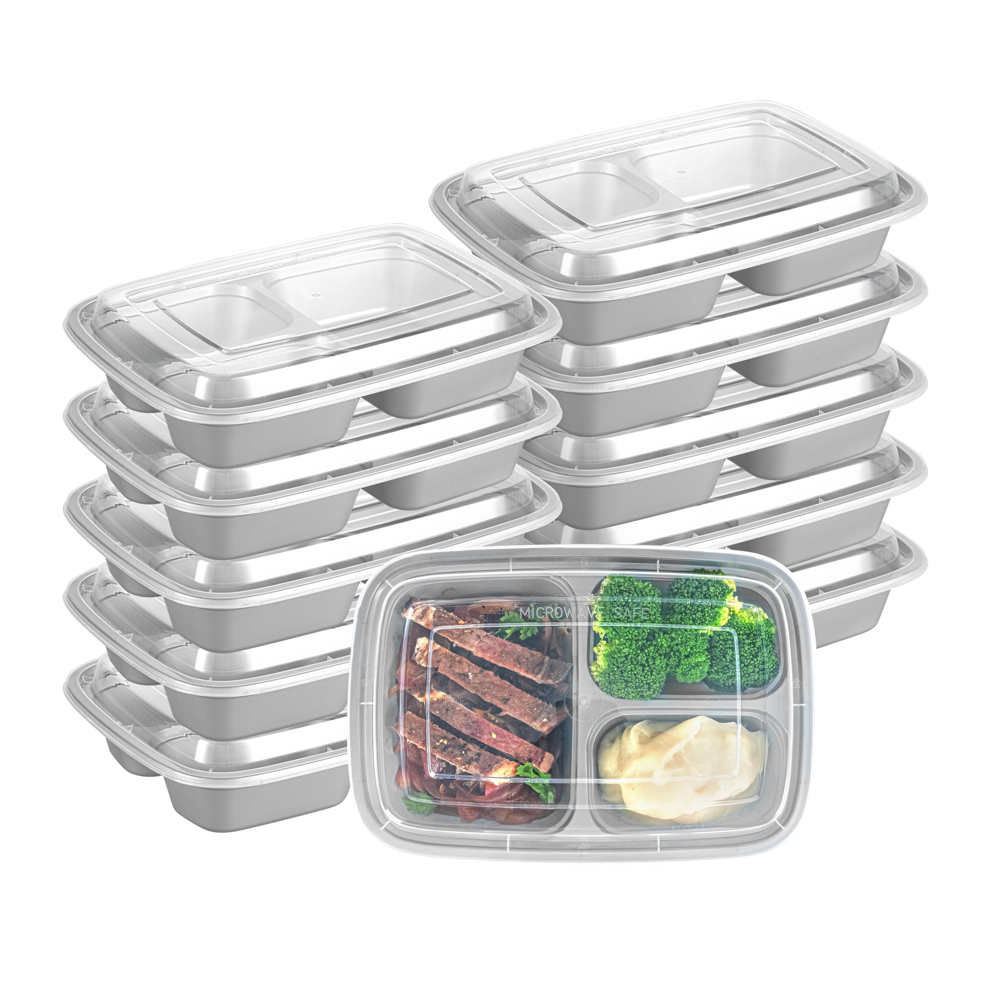 26 oz Silver Plastic 3-Compartment Food Storage Containers with Clear Lids - Microwave Safe, BPA Free (8.75