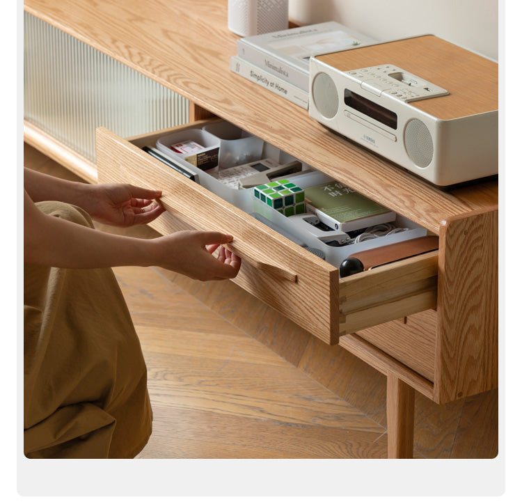 Solid Oak Wood TV Stand with Sliding Doors - Modern Entertainment Center for Living Room, Bedroom & Home Theater
