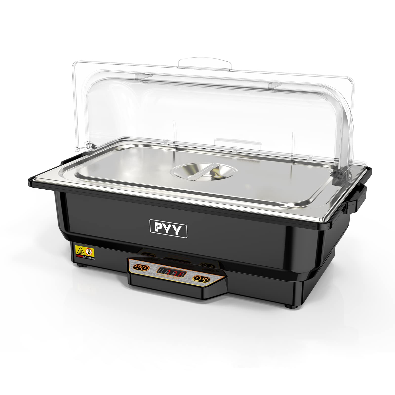 PYY Electric Chafing Dish with Roll Top Chafer Cover - Buffet Food Warmer for Catering, Parties & Events - Black Full Size Commercial Grade Serving Pan for Hot Meals, Soups & Side Dishes