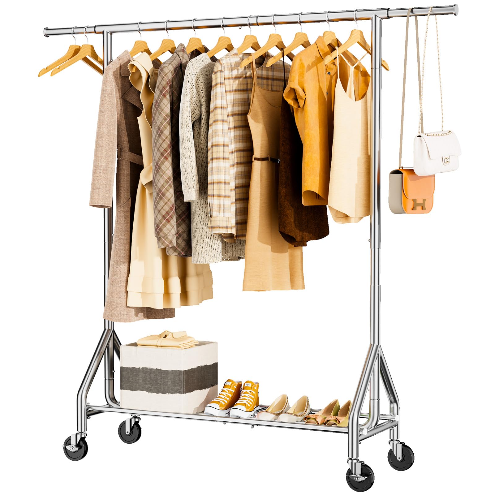 Heavy Duty Garment Rack 450 lbs Capacity - Industrial Strength Metal Clothing Rack with Wheels & Shelves - Portable Wardrobe Storage for Closet, Laundry Room or Retail Store - Silver