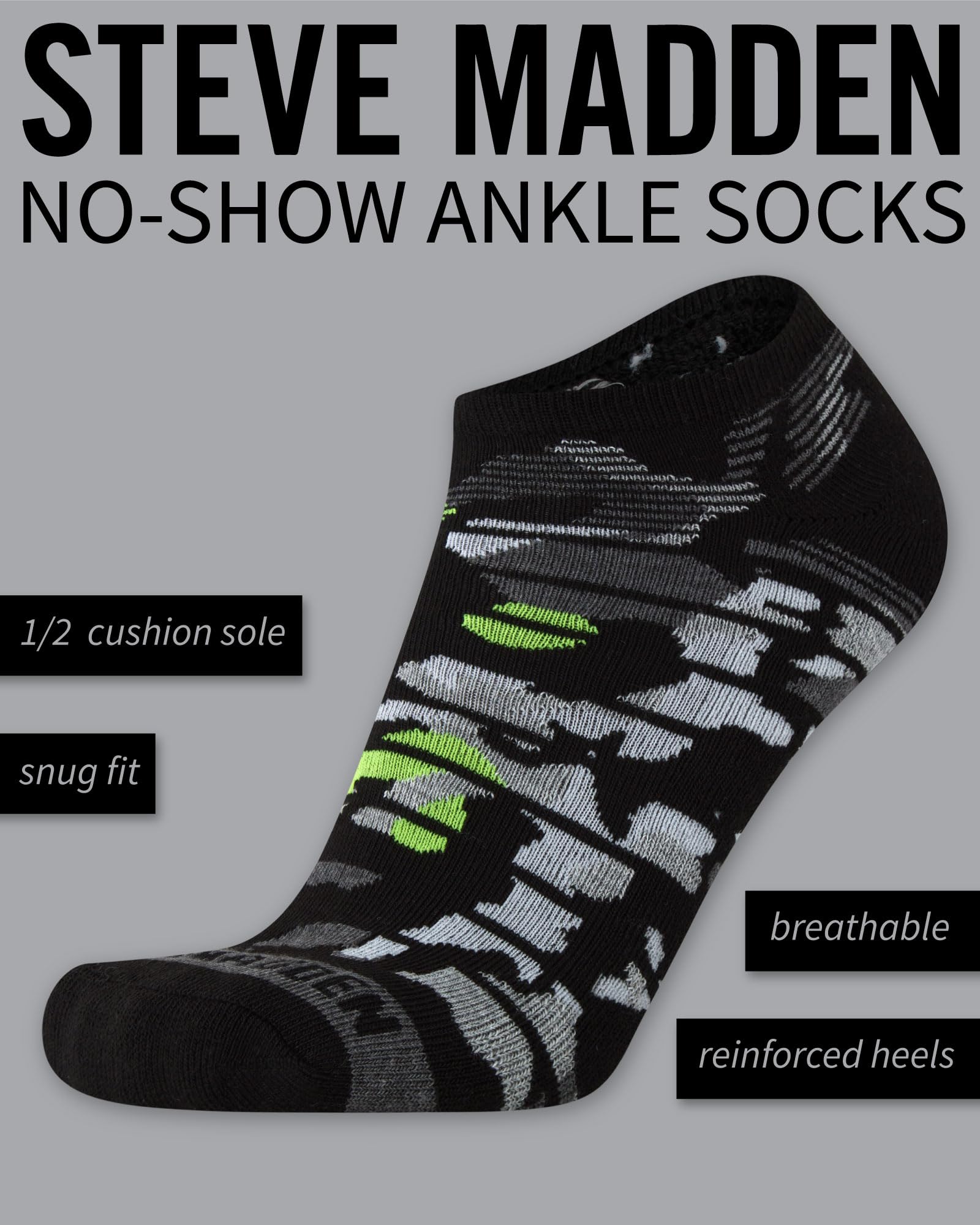 Steve Madden Men's Low Cut No Show Athletic Socks 8-Pack - Half Cushioned Performance Ankle Socks for Shoe Size 10-13 - Perfect for Running, Gym & Casual Wear