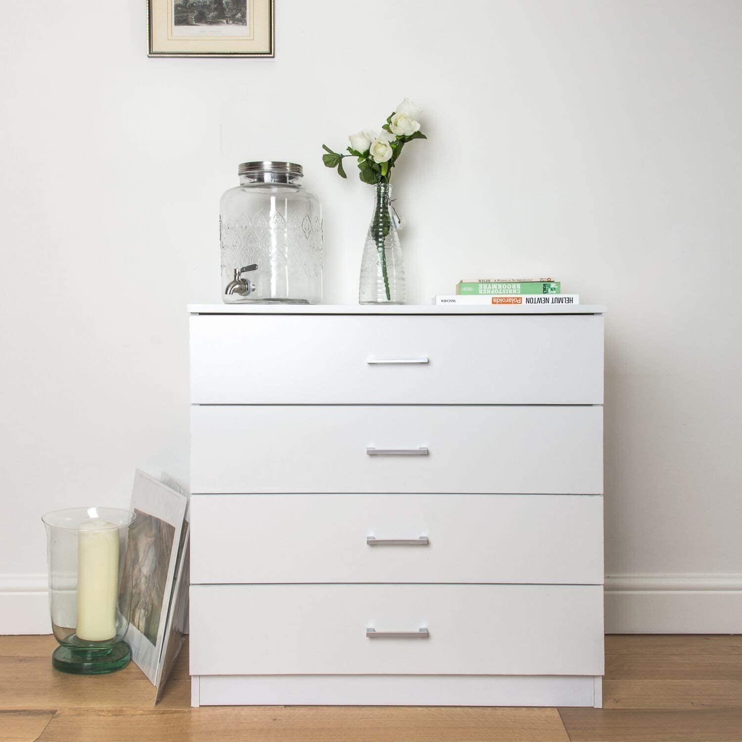 Modern White 4-Drawer Wooden Dresser Storage Cabinet - Sturdy Chest of Drawers for Bedroom, Living Room & Kids Room Organization | Space-Saving Furniture for Small Apartments & Dorm Rooms