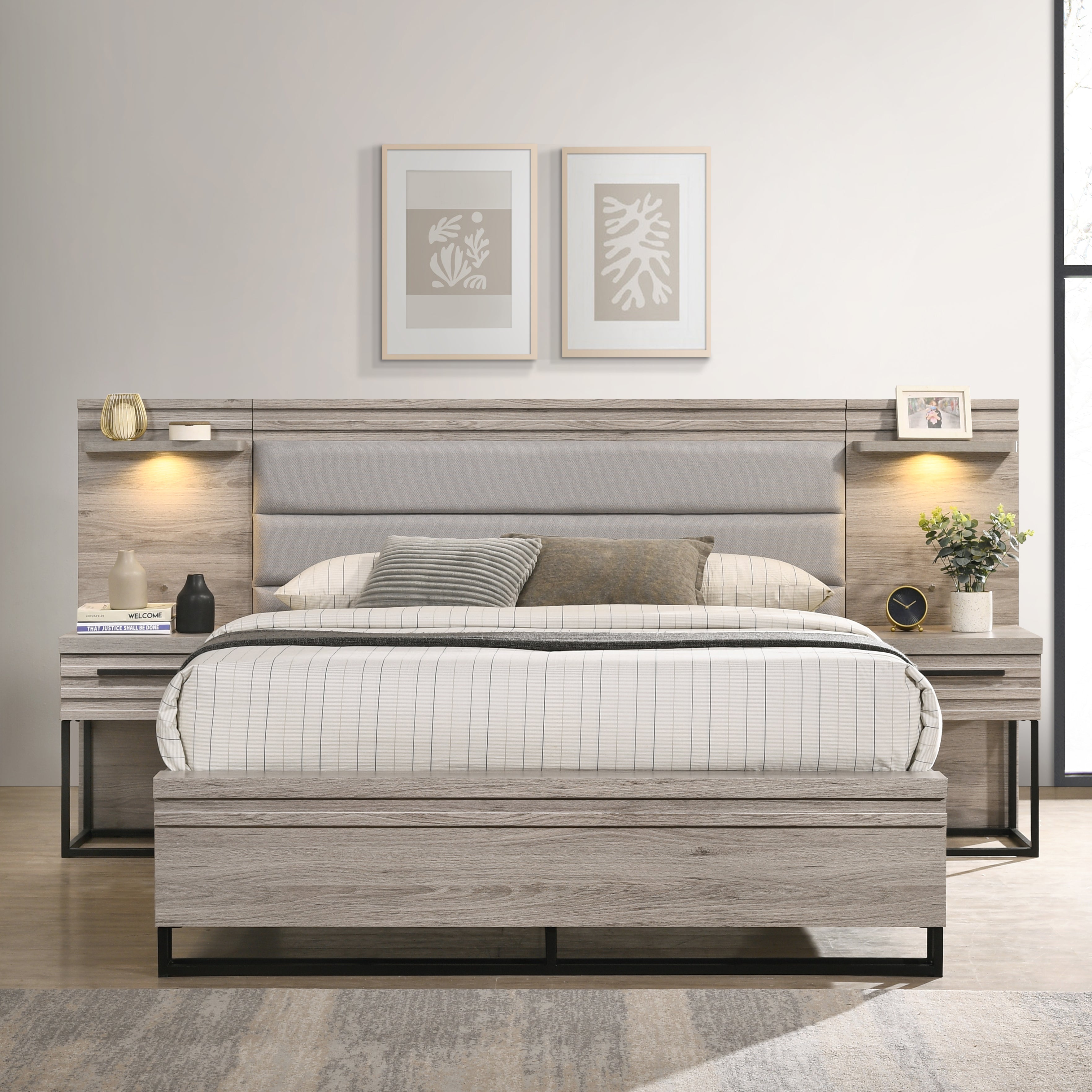 Alvear Upholstered Wood Wallbed with White LED Lights & 2 Nightstands - Modern Space-Saving Murphy Bed in Weathered Gray Finish | Perfect for Small Apartments, Guest Rooms & Studio Living
