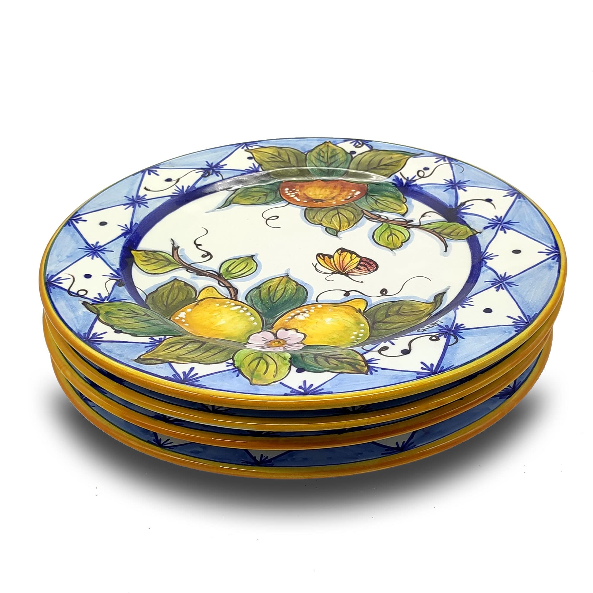 Italian Ceramic Dinnerware Set for 4 - Hand Painted Tuscan Pottery Plates & Bowls - Authentic Ischia Lemons Design - Elegant Kitchen & Dining Table Decor - Perfect for Family Dinners, Entertaining Guests, and Italian-Themed Parties