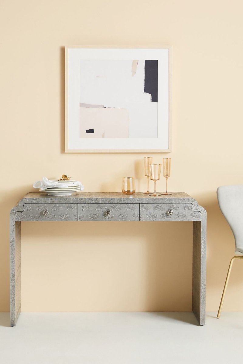 Hand Embossed Lotus Console Table with Storage - Elegant Entryway Table for Hallway, Living Room & Foyer Decor | Solid Wood Sofa Table with Drawers & Shelf