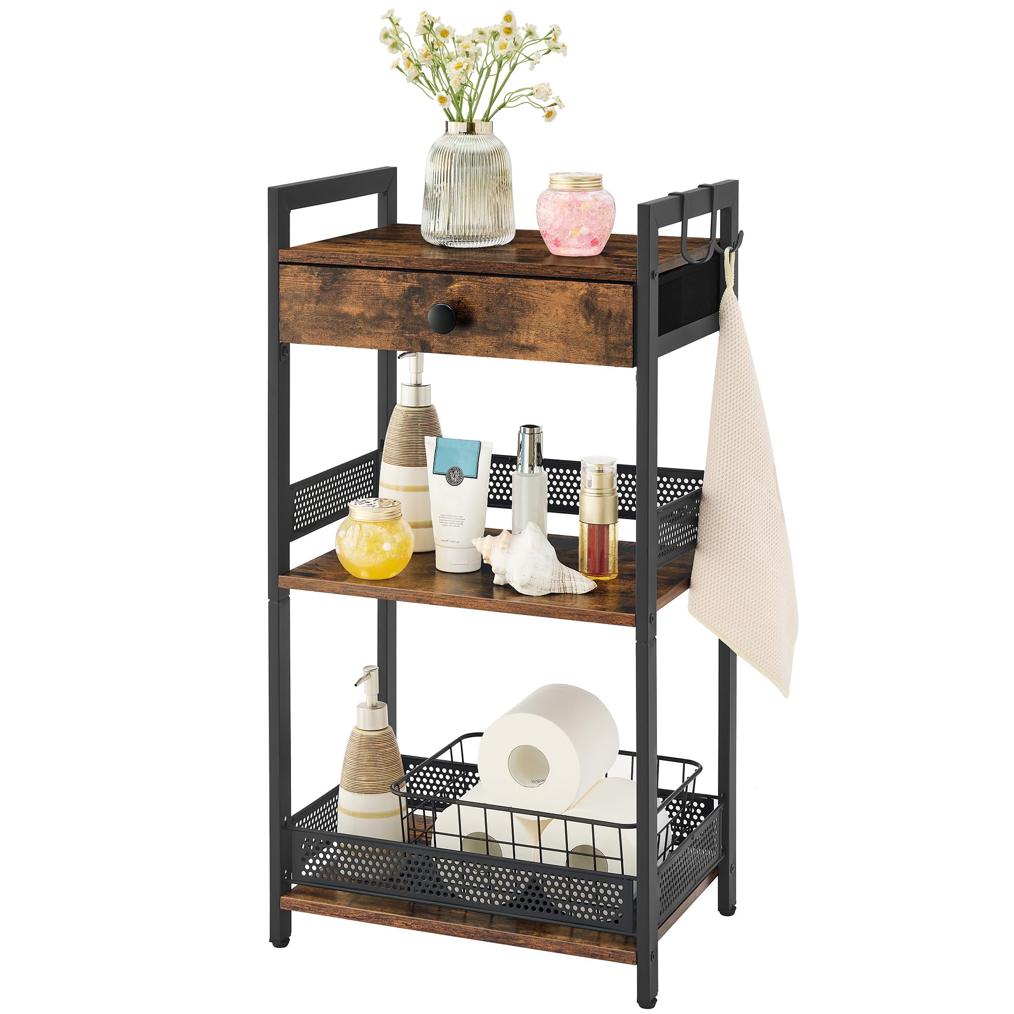 FAVOOSTY 3-Tier Bathroom Ladder Shelf with Drawer - Freestanding Towel Rack, Storage Organizer for Bath Essentials, Books & Decor - Rustic Brown Wooden Shelf for Bathroom, Living Room & Balcony | Perfect for Small Space Organization & Home Decor