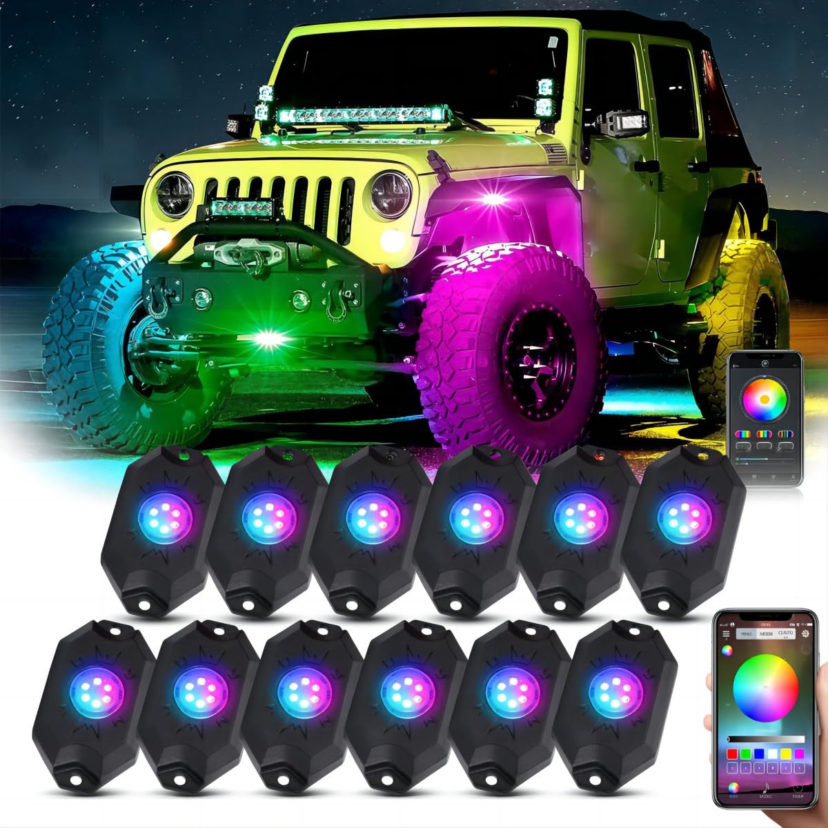 AMONLY 12 Pods RGB LED Rock Lights Kit - Multicolor Underglow Neon Lights with APP Control, Timing Function, Flashing Music Mode - Exterior Light for Jeep, Off-Road Car, Truck, ATV, UTV - Perfect for Night Rides, Car Shows & Off-Road Adventures