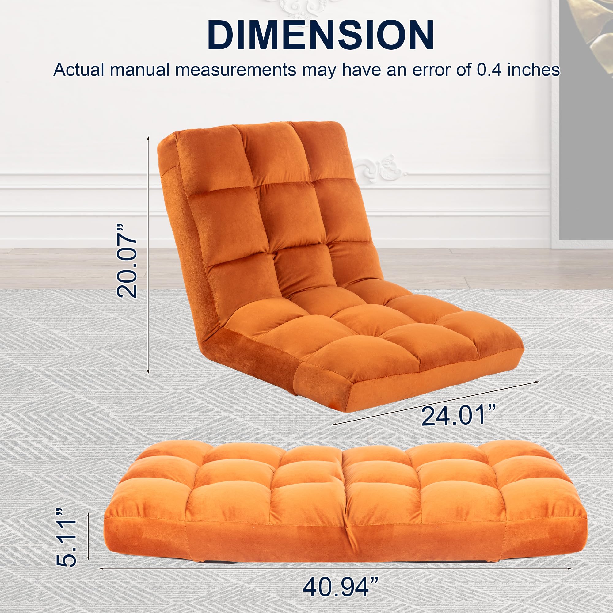 24-Inch Wide Oversized Velvet Floor Chair - 6 Adjustable Positions, Armless Lay Flat Meditation Seat with Ergonomic Padding for Ultimate Comfort (LRSF-007-ORANGE) - Perfect for Yoga, Reading, Gaming & Small Space Living