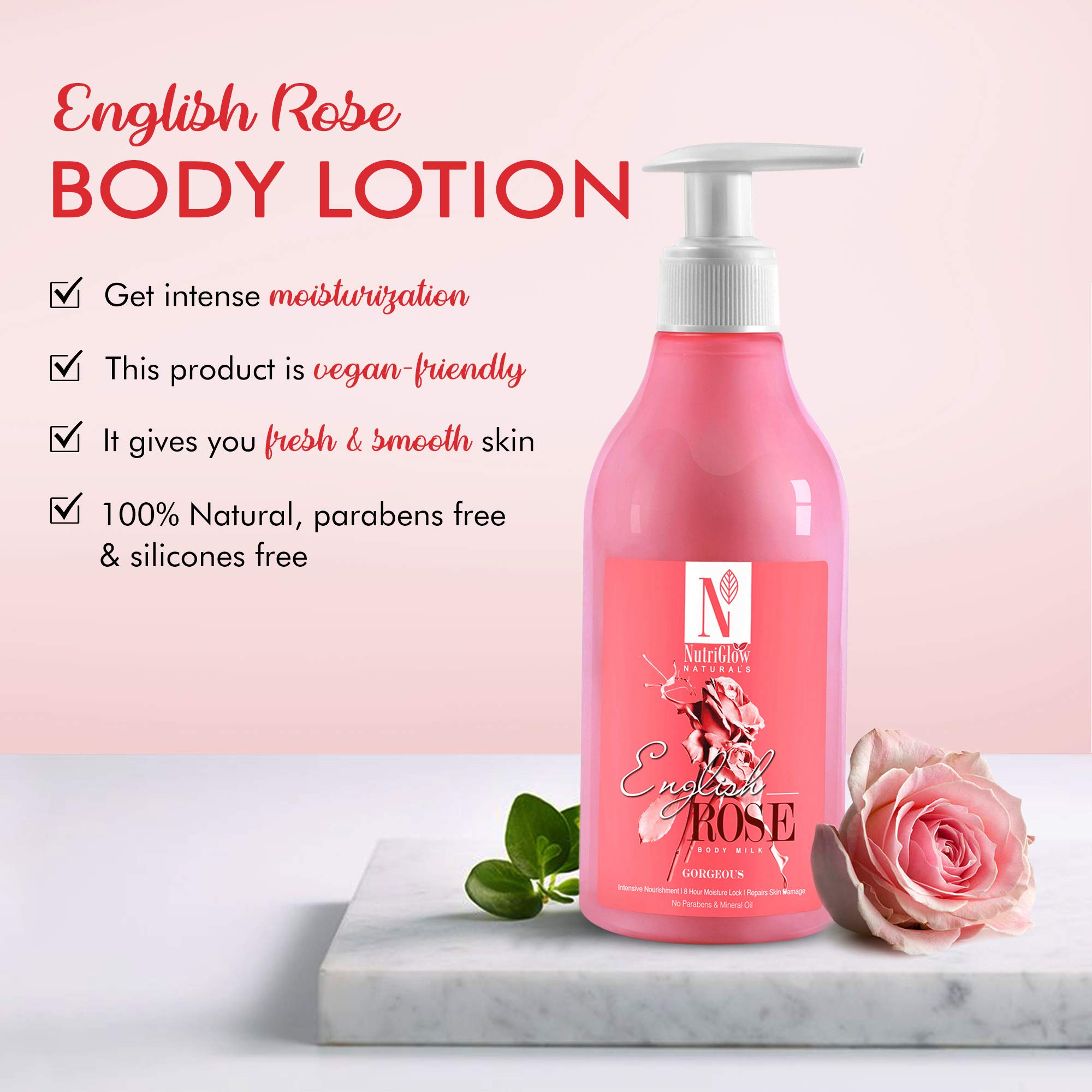 NutriGlow NATURAL'S English Rose Body Milk - Intensive Nourishment & 8 Hour Moisture Lock for Dry Skin | Repairs Skin Damage, Paraben-Free with Mineral Water, 300ml | Perfect for Daily Hydration & Post-Shower Skincare Routine