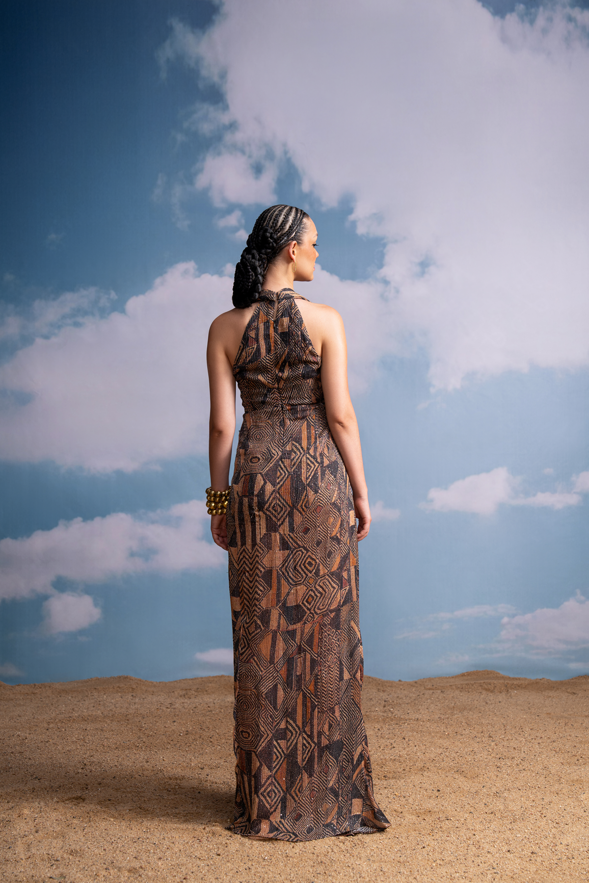 Elegant Brown Geometric Print Cowl Neck Dress with Detachable Tassel Scarf - Women's Boho Chic Maxi Dress for Party, Wedding & Special Occasions