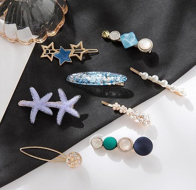 Korean Pearl Rhinestone Hair Clips - Butterfly & Moon Styles for Women & Girls (8-Pack) - Party & Wedding Accessories