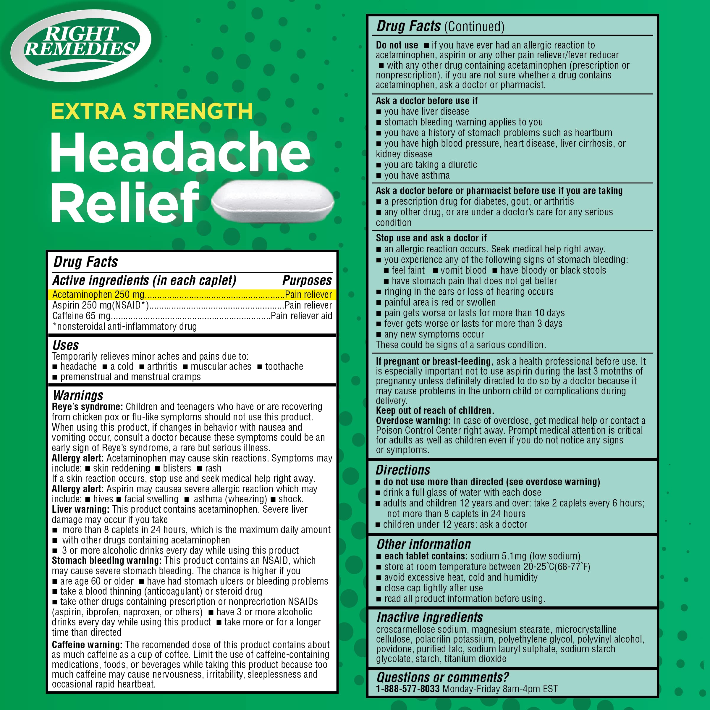 Right Remedies Extra Strength Headache Relief Caplets with Acetaminophen, Aspirin & Caffeine - 300 Count Value Pack for Migraine, Muscle Aches, Back Pain & Body Pain Relief - Fast-Acting Pain Reliever for Work, Travel & Daily Discomfort