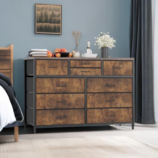 Jojoka 10-Drawer Wide Dresser with Steel Frame & Wood Top - Rustic TV Stand Entertainment Center, Fabric Storage Cabinet for Bedroom, Hallway, Nursery & Closet Organization | Perfect for Small Space Living & Home Decor