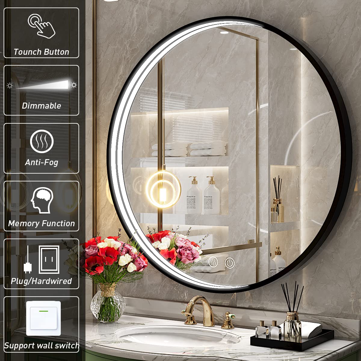28 Inch LED Round Bathroom Mirror with Light - Anti-Fog, Dimmable Touch Switch, Waterproof IP54, 90+ CRI - Perfect for Vanity, Makeup, Shaving & Bathroom Decor