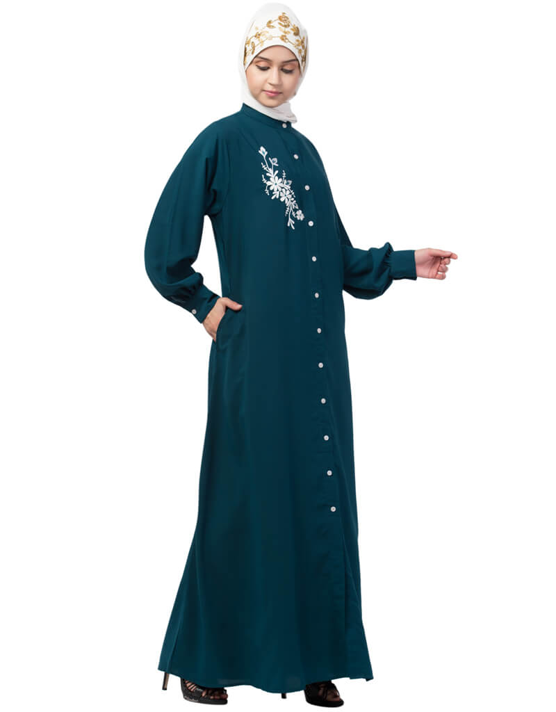 Elegant Teal Arabic Front Open Side Embroidered Contrast Button Abaya Dress for Women - Perfect for Eid, Weddings & Special Occasions